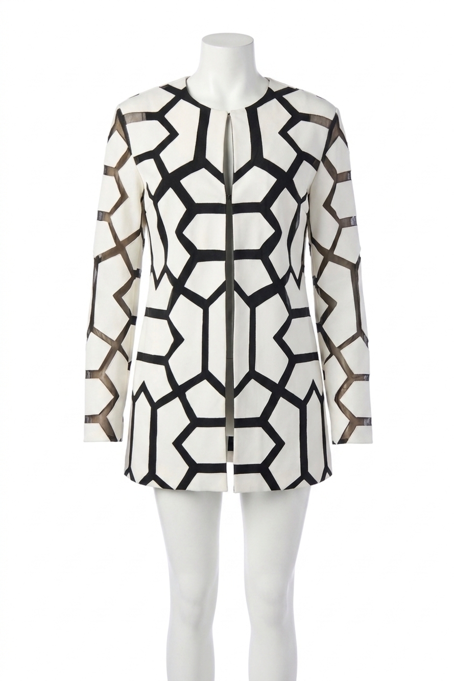 NEW JOSEPH RIBKOFF lyssa laser-cut leatherette on mesh jacket in vanilla and bla
